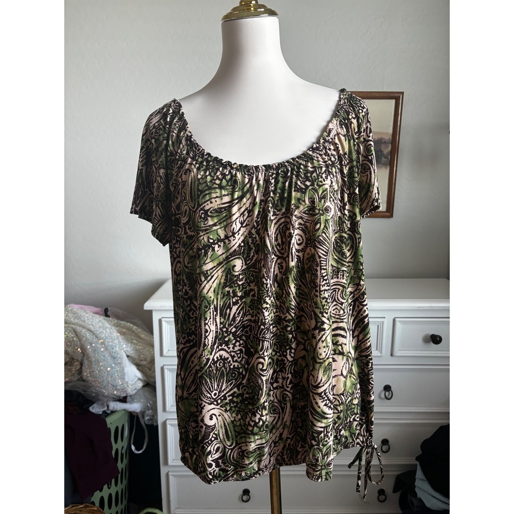 Carol Rose Womens XL Green Paisley Boho Peasant Blouse Short Sleeve Side Tie Top